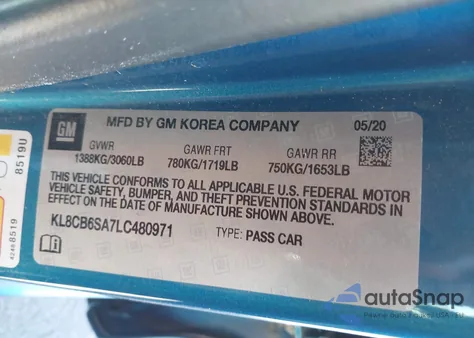 2020 Chevrolet Spark Ls z USA, uszkodzony, nr VIN KL8CB6SA7LC480971